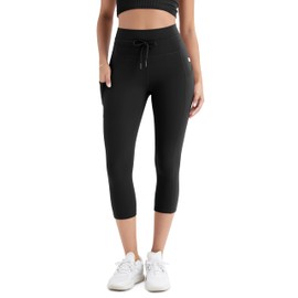 ODODOS Women's Drawstring Tie Daily Capri Leggings with Pockets 19" Inseam High Waist Workout Cropped Yoga Pants, Black, Small