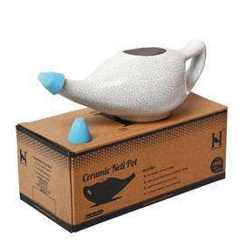 HealthGoodsIn Ceramic Neti Pot with Salt, Dishwasher Friendly, with 2 Detachable Silicone Nozzle Tip, Holds 225 Ml (7.6 Fl Oz) Water - Crackle Pattern Ivory
