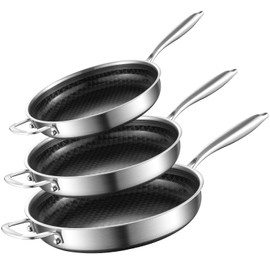 MOUTIUS Skillets and Pan Set with Lid, 8 10 12 Inch Frying Pan Set, Non Stick Stainless Steel, Induction Cooker Compatible, Cool-Touch Handle, Dishwasher and Oven Safe