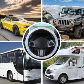 FALVFUN Elastic Stretch Car Steering Wheel Cover, Ice Silk Cute Cat Ear Vehicle Steering Wheel Protecter, Anti-Slip Breathable Automotive Interior Accessories, Universal Fit (Blue/White)