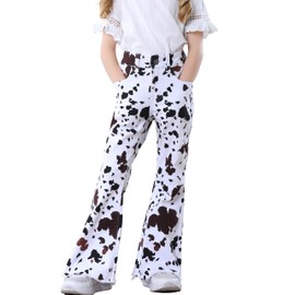 OeyFnbmO Girls Cow Print Flare Pants High Waisted Stretch 70s Bell Bottom Jeans Slimming Disco Bootcut Trousers(Cow,7-8)