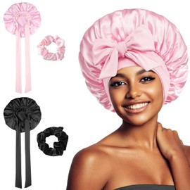 2 Pieces of Colored Streamer Hair Cap, 2 Pieces of Large Intestinal Hair Ring, Simple Solid Color Nightcap, Classic Hair Care Cap, Adjustable Hair Cap, Hairstyle Accessories Black