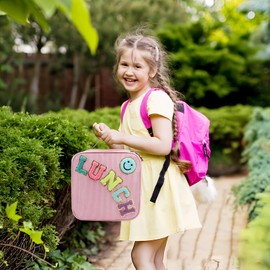 Insulated Lunch Bag With Adjustable Shoulder Strap, Cute Corduroy Preppy Lunch Box Large Insulated Lunch Bag Reusable Lunch Tote Bag with Smiley Preppy LunchBag for Girls School Travel Picnic (Pink)