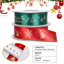 Paquete de 2 piezas Cinta de satén para navideños,2.5cm x 25 Yardas,Rollos Satinado Colores Listón para Decoración de fiestas navideñas,embalaje de regalos navideños (Rojo+verde, 2.5cmx25yardas)
