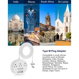South Africa Plug Adapter, Type M Adapter for South Africa with 3 American Outlets 4 USB Ports (2 USB-C) Total 24W, Type M Plug Converter for USA to South Africa Botswana Namibia Nepal Bhutan