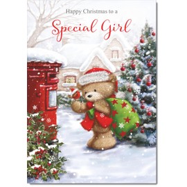 doodlecards Special Girl Christmas Card Cute Bear Posting a Letter Large A4 Size Christmas Card for Special Girl with Plain Envelope