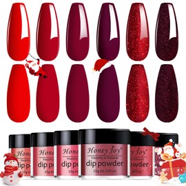 Honey Joy 6 BOX/SET Wine Red Dip Powder Glitter Dark Barn Red Fine Dipping Powder Colors No Need Lamp Cure,Like Gel Polish Effect,Even & Smooth Finishing (DP-L-6pcs-10g/box)