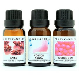 Crazy Candles 3 Bottles Set 1 Anise, 1 Cotton Candy, 1 Bubble Gum 1/2 Fl Oz Each (15ml) Premium Grade Scented Fragrance Oils
