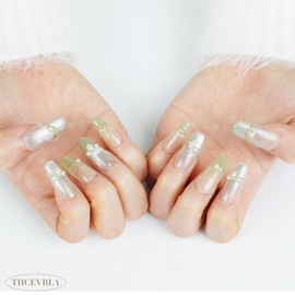 THCEVRLA Handmade Nail Tip, Medium, Long Short, Ballerina, Green Flash, 3D Popular, Nail Sticker, Cute, False Nails, Comes with Box of 10