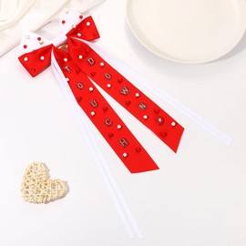 Boderier Football Accessories Hair Bows for Women Beaded Touch Down Hair Bow Clip Long Tail Satin Ribbon Bow Barrette Hair Clip Sports Fan Game Day Outfits Accessories for Women Red White