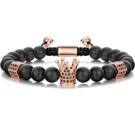 SEVENSTONE 8mm Crown King Charm Bracelet for Men Women Black Matte Onyx Stone Beads, 7.5" (Rose Gold)