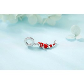 Qings Koi Carp Lucky Red Fish Charm Grain Bead 925 Sterling Silver for Making Bracelet Chains Jewellery DIY for Women Girls Daughter, Sterling Silver, Cubic Zirconia
