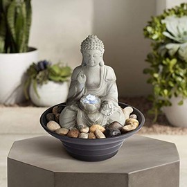Sitting Buddha Asian Zen Indoor Tabletop Bubbler Water Fountain 10" High with LED Light Meditation Decor for Table Desk-Top Home Office Bedroom House Living Room Relaxation - John Timberland
