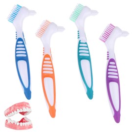 Prothesenzahnbürste,4 Stück Doppelseitige Prothesenreinigungsbürsten,Zahnbürste Für Zahnspange,Tragbare Prothesenreinigungsbürsten,Zahnbürste Mit Mehrschichtigen Für Reinigung Falscher Zähne(4 Farben)