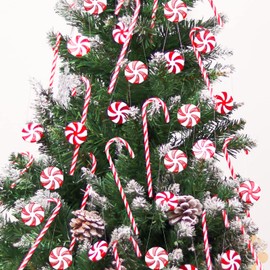 GuassLee 60Pcs Candy Canes Christmas Tree Decorations-Plastic Peppermint Candy Cane Ornaments for Christmas Tree Decor Candy Lollipop Craft Christmas Party Supplies, White,red