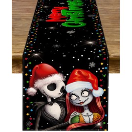Sunwer Merry Christmas Table Runner Jack Skellington and Sally Birthday Party Decoration Home Kitchen Dining Room Deocr (Black, 13" x 72")