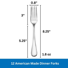 Dinner Forks Made in USA Set of 12 18/10 Stainless Steel Flatware Mirror Finish Dishwasher Safe TAA HubZone and Buy American Compliant Annapolis Silverware Made by Sherrill Manufacturing