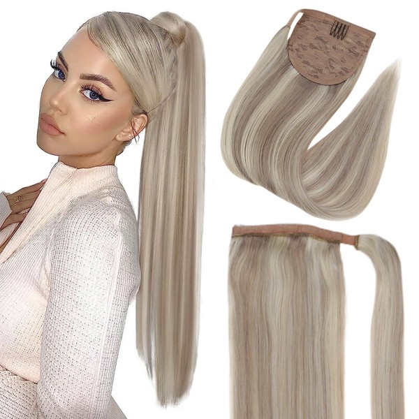 Fshine Clip-In Ponytail, Real Hair, 50 cm, 100 g, Ash Blonde, Mix, Bleached Blonde, Highlights, Hair Extensions, 1 Piece, Remy Hair, Straight