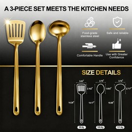 XWDALIN Kitchen Cooking Utensils Set, 3 pcs Stainless Steel Cooking Utensils Spatula Set with Titanium Gold Plating, Kitchen Gadgets Utensil Set，Slotted Turner，ladle，serving spoon