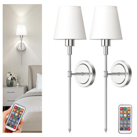 DORESshop Battery Operated Wall Sconce Set of 2, Wireless Wall Light Easy to Install, 7 Color Rechargeable Wall Sconces, Sconce Wall Decor Set of 2 for Bedroom, Living Room, Chrome, 24.6in