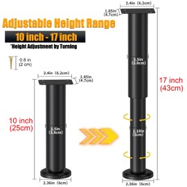 Wlrrcwdttc 2 Pcs Adjustable Height Bed Support Legs for Bed Frame/Bed Center Slat, Metal Adjustable Furniture Legs 10-17 inch for Bed/Sofa/Cabinet/Couch/Dresser/Table,Heavy Duty Bed Replacement Legs