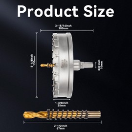Henvo Hole Saw 5-1/8" (130mm) Heavy Duty Carbide with 2 Pilot Drill Bits - Metal Hole Cutter Cuts Stainless Steel, Iron, Copper, Brass, Plastic