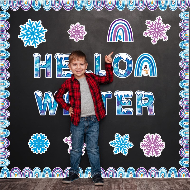 Winter Boho Rainbow Cut-Outs Hello Winter Classroom Bulletin Board with