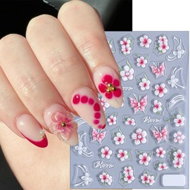 1 Sheets Embossed Flower Nail Stickers for Nail Art 5D Self Adhesive Butterfly Nail Art Stickers Spring Summer Pink Floral Butterflies Design Nail Decals Nail Supplies for Women Girl Manicure Decor
