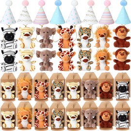 Motionchic 20 Pcs Safari Mini Jungle Animal Plush Toys Stuffed Forest Animals Plush Toys Set with 20 Birthday Hats 20 Paper Boxes Adopt Pet Gift for Kid Animal Theme Birthday Party Favor(Brown)