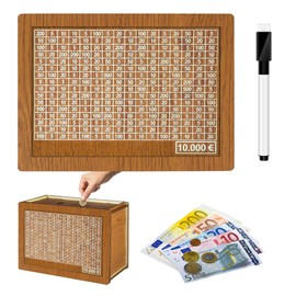 Money Box with Counter, Reusable 10,000 Euro Money Box with Numbers Checks, Wooden Money Box for Adults, Girls, Boys, Birthday Favours