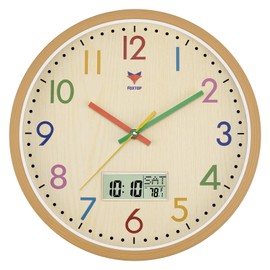 Foxtop Digital and Analog Kids Wall Clock 12 Inch Silent Non-Ticking Battery Operated Kids Clock for Kids Room Playroom Nursery Classroom School