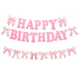 Pink Bow Birthday Decorations, Bow Party Decoration Includes Happy Birthday Banner and Garland Hanging Swirls, Pink Decorations for Girls Baby Shower