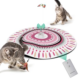 Pawhims Remote Control Cat Toy 4 in 1 Interactive Automatic Cat Toy, Hide and Seek Exercises with Cover/Moving Concealed Feather/Butterfly, Catching Motion Game for Kitten Indoor (Pink Boho)
