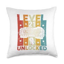21 Years Old Birthday Gifts Vintage Gamer Shirt Level 21 Unlocked Gaming Keyboard 21st Birthday Men Women Throw Pillow, 18x18, Multicolor