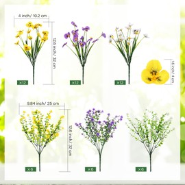 Suncalla 54 Bundles Artificial Flowers for Outdoor, 36 Pansy+18 Eucalyptus Camellia Silk Faux Flowers, Realistic Artificial Plants for Porch Garden Patio Yard Window Box and Home Decoration