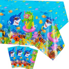 PHOGARY 3PCS Under The Sea Birthday Party Tablecloths for Ocean Theme Party Decorations | Marine Creatures Sea Life - Sharks, Octopus Underwater for Kids Party, Baby Shower | 54 x 108 Inch