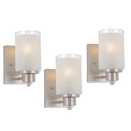 Eidonta 3 Pack Bath Vanity Light Fixture, Modern Indoor Wall Scone Lighting White Linen Frosted Glass Shades with Brush Nickle Finish Wall Lamps for Bathroom Kitchen Entryway Bedside