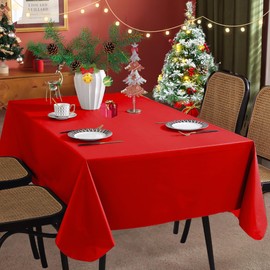 Christmas Red Vinyl Tablecloth with Flannel Backing, Waterproof PVC Tablecloths for Rectangle Tables, Plastic Wipeable Table Cloths for Thanksgiving, Holiday Party and Family Dinner(52 x 70 Inch)