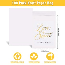 AnyDesign 100Pack Wedding Party Favors Buffet Bags Gold Foil Love is Sweet White Kraft Paper Rustic Treat Bags Self-Adhesive Candy Cookie Buffets Bags for Party Gift Wedding Craft Fairs Events 5x7In