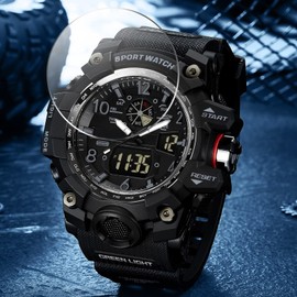 2024 Men's Digital Watch, Sports Stopwatch, Water Compatible, Fashion, Military Style, Running Watch, Dual Time, Dual Time, Alarm, Alarm Clock, Luminous Function, Water Resistant, 166.6 ft (50 m),