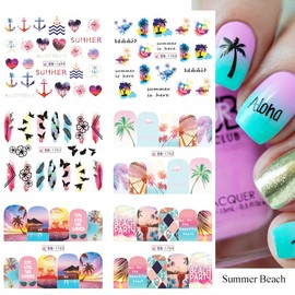 Summer Nail Art Stickers Colorful Fruits Water Transfer Nail Decals Summer Element Pattern Nails Landscapes Fruits Coconut Trees Designs Nail Stickers Manicure for Women DIY Nail Art Accessories 12 Sheets