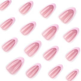 Press on Nails Medium Almond Fake Nails with Pink Flowers Design Full Cover Glossy Glue on Nails Acrylic False Nails for Women Girls 24 Pcs (Pink-31, M-31)