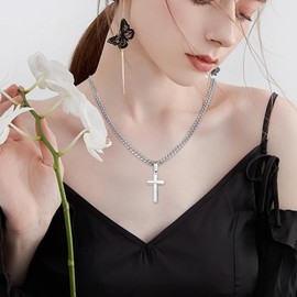 L0famy Cross Necklace, Silver Cross Necklace for Men and Women Silver Chain with Cross Pendant | Christmas Religious Birthday Gifts for Him Her | Cuban Necklace Punk Necklace