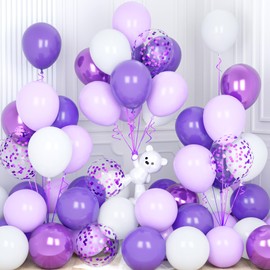 Purple White Balloons, Ousuga 30 pcs 12 Inch Pastel Matte Lilac White Metallic Lavender Confetti Latex Balloons Set For Women Birthday Baby Shower Wedding Anniversary Gender Reveal Party Decorations