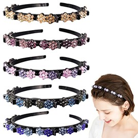 5 Pieces Flower Crystal Hair Band for Women Hairpin Headbands Double Layer Twist Plait Headband with Clips Hollow Woven Headband Hair Accessories for Women Girls