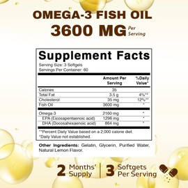 Vitamatic Triple Strength Omega 3 Fish Oil 3600mg Per Serving, 2160mg Omega 3 Fatty Acids, 1296mg EPA + 864mg DHA, Burpless Lemon Flavor, 180 Softgels