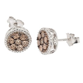 Women's Stud Earrings 925 Sterling Silver Bicolour with Brown Brilliant and Diamonds, Genuine 925 silver, Diamond