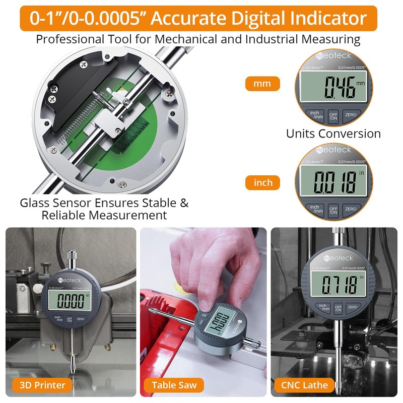 Neoteck 1"/25.4mm (0.0005"/0.01mm) Digital Indicator Set Dial Indicator and Magnetic