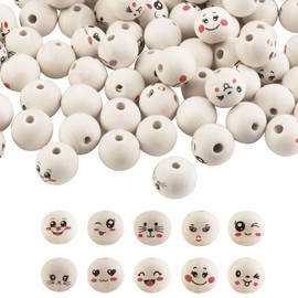 Getyjoe Pack of 100 Wooden Beads with Face Natural Wooden Balls Face Ball Wooden Smiley Beads with Hole for DIY Jewellery Bracelet Necklace Decorative Pendant 20 mm (with Bead Cord)