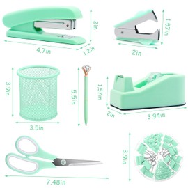 Green Office Supplies, Purple Desk Accessories, Stapler, Staple Remover, Tape Holder, Pen Holder, Ballpoint Pen, Scissor, Binder Clips, Paper Clips and 1000pcs Staples.
